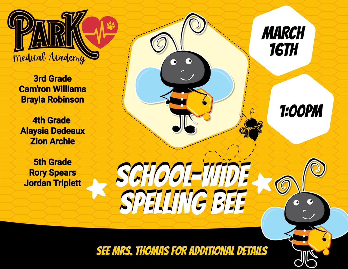 Congratulations to those students who have advanced to the School-wide Spelling Bee which will be held on March 16, 2023! 🐝 🤓