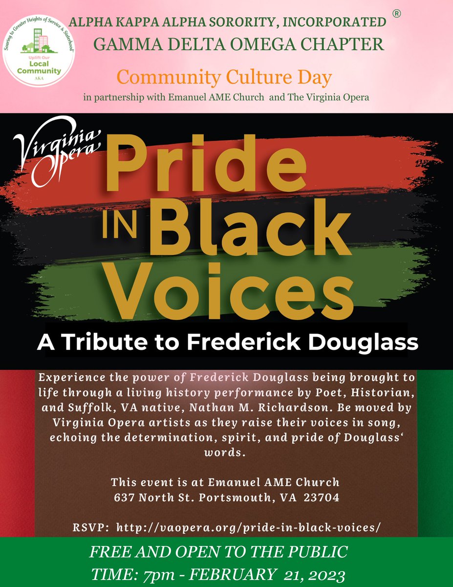 GDOAKA's tweet photo. Experience the power of the Virginia Opera artists as they raise their voices in song, echoing the determination, spirit, and pride of Douglass' words. The event is FREE!

Use the link below to request your free ticket! 

 https://t.co/XRkV44Shje @MidAtlanticAKA https://t.co/oicepcymRc