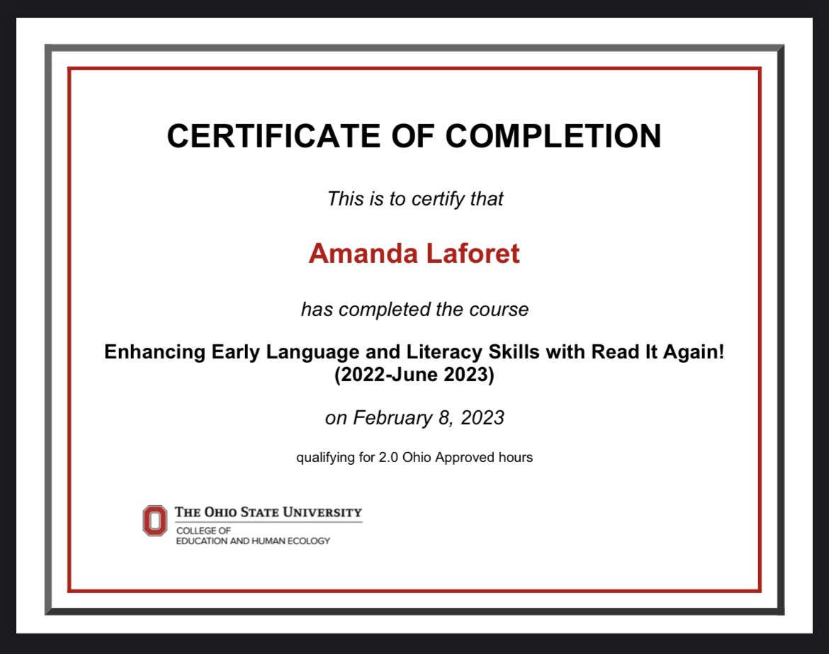 Proud to have completed the #readitagain program through <a href="/OhioState/">Ohio State</a> -always looking to expand my knowledge on #reading programs