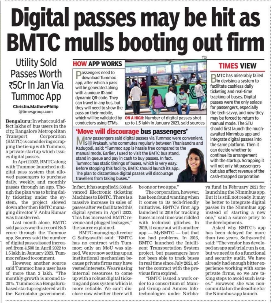 ChristinMP_'s tweet image. . @BMTC_BENGALURU  is considering scrapping the tie-up with @tummoc4u , a private startup which issues digital passes

* BMTC's Nimmbus app delayed for more than two years 

* In Jan 2023, Rs 5 crore worth digital passes sold via Tummoc 

@sriramulubjp @NSNandiesha