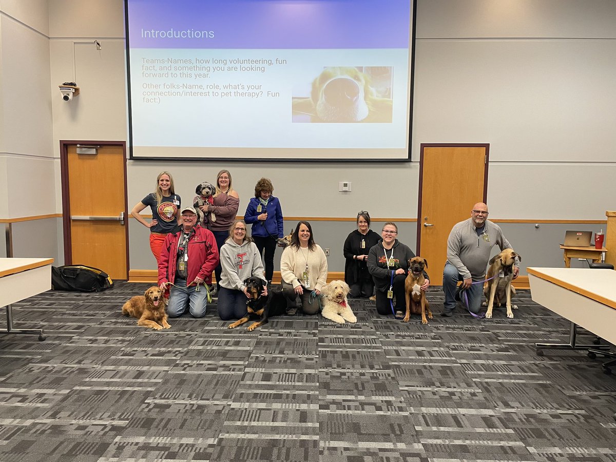 MHCLitzinger's tweet photo. Mental health support comes in many forms.  I’m so grateful for our pet therapy team volunteers for the work they do and the impact they make for students and staff.  @gfschools @GFFEAlumniNet @GivingHeartsDay 🐶 https://t.co/qa6aqXhecu