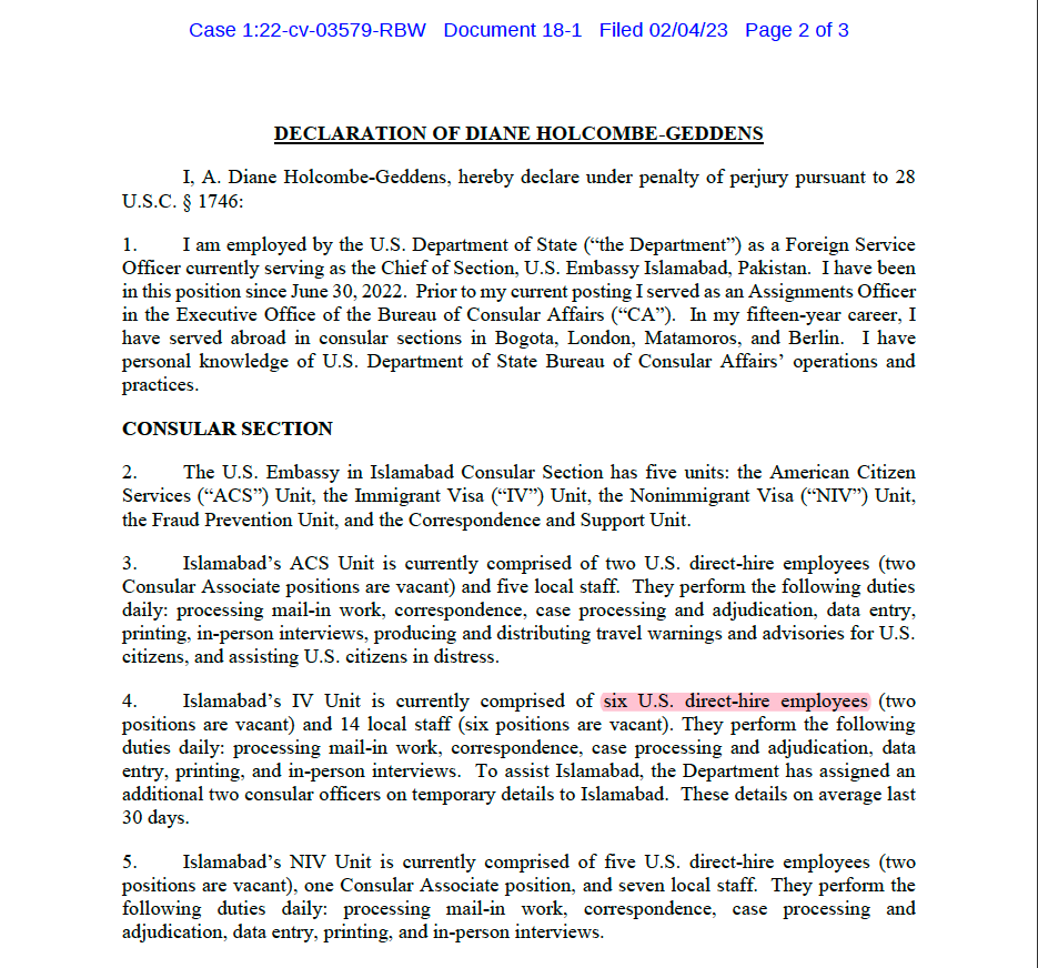 curtismorrison's tweet photo. FAQ: How many consular officers work on IV applications at @usembislamabad?
Answer: According to Consular Section Chief A. Diane Holcombe-Geddens: 6.
Context: As of June 30, 2022, IV backlog for this embassy included over 17,000 documentarily qualified applicants. https://t.co/OmE7VXSg9j