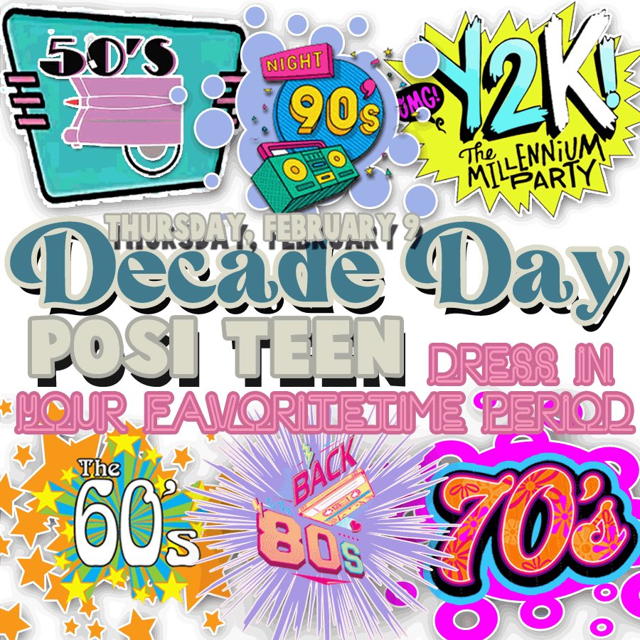 NCHS Stuco (@nchsfans) on Twitter photo Thursday, February 9th is Decade day so dress in your favorite decade!! Thursday, February 9th is Decade day so dress in your favorite decade!!