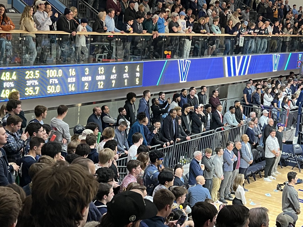 John_Fanta's tweet photo. Pretty cool that the entire Knicks team is on hand at the Finneran Pavilion for Jalen Brunson’s retirement ceremony at Villanova tonight. Brunson can be summed up in one word: winner. https://t.co/IPN9wvRZJ0