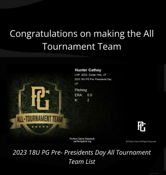 Hunter Cathey (@huntercathey22) on Twitter photo Thanks to <a href="/Pg_Nevada/">Perfect Game Nevada</a> for the great tournament. I’m grateful to be named on the all tournament team. <a href="/PerfectGameUSA/">Perfect Game USA</a> Thanks to <a href="/Pg_Nevada/">Perfect Game Nevada</a> for the great tournament. I’m grateful to be named on the all tournament team. <a href="/PerfectGameUSA/">Perfect Game USA</a>