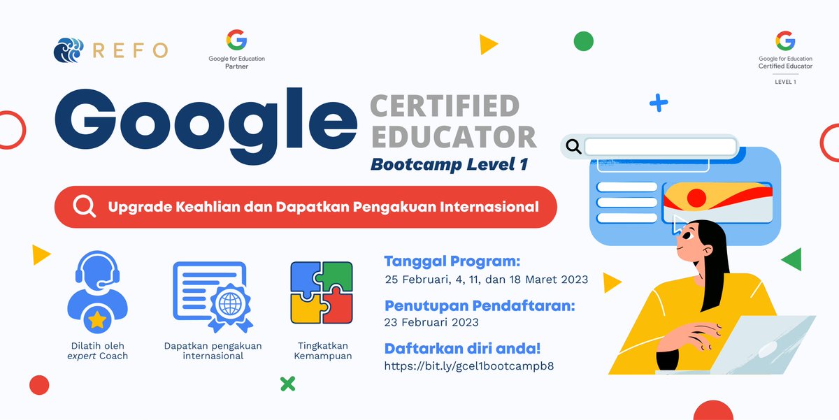 Ingin naik level dan upgrade ilmu dan skill di tahun 2023 dengan sertifikasi pendidik Google Level 1? 🏆

GCE L1 Bootcamp #bersamaREFO pas banget untuk Anda yang ingin belajar dan membangun keterampilan Google Workspace sama-sama! 🚀

Info lebih lengkap: refoindonesia.com/bootcamp/gcel1/