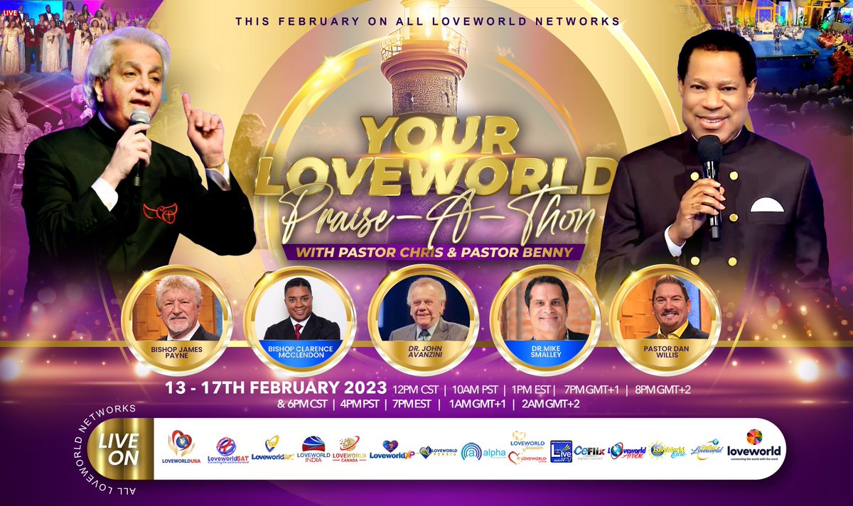 Your Loveworld Praise-a-Thon with Pastor Chris and Pastor Benny | Monday, February 13 to Friday, February 17, 2023 at 1pm &amp; 7pm Eastern Daily

Visit our website at https:f//www.LoveworldUSA.org , view channel "Loveworld USA TV" on Roku, download the LiveTV mobile app or AlphaTV.