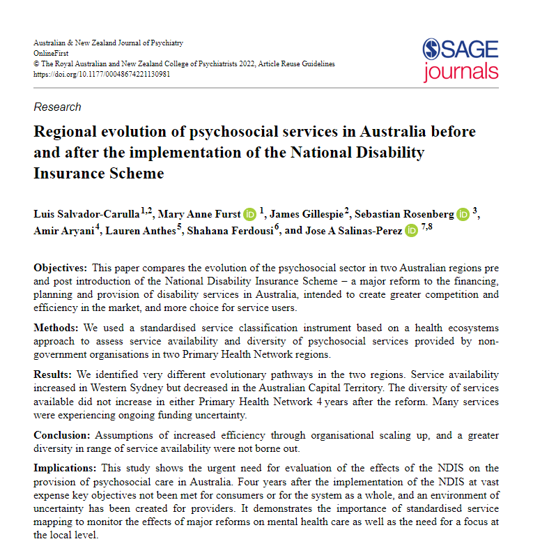 uc_hri's tweet photo. New publication by @UniCanberra Prof Luis Salvador-Carulla &amp; team: Regional evolution of psychosocial
services in Australia before and after
the implementation of the National Disability Insurance Scheme
#MentalHealth #ServicePlanning
https://t.co/IgtUNFD9JL https://t.co/LgfKnW3JY1