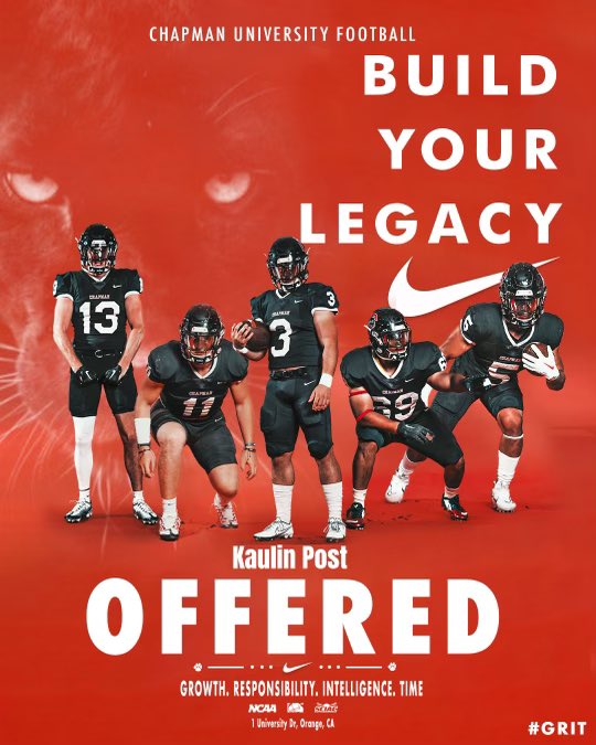 KaulinPost's tweet photo. Excited to announce I have received an offer to play football at Chapman University! @Chapman_Fb @coachshine99 @Coach_MikeLahey https://t.co/pd0jffJyeF