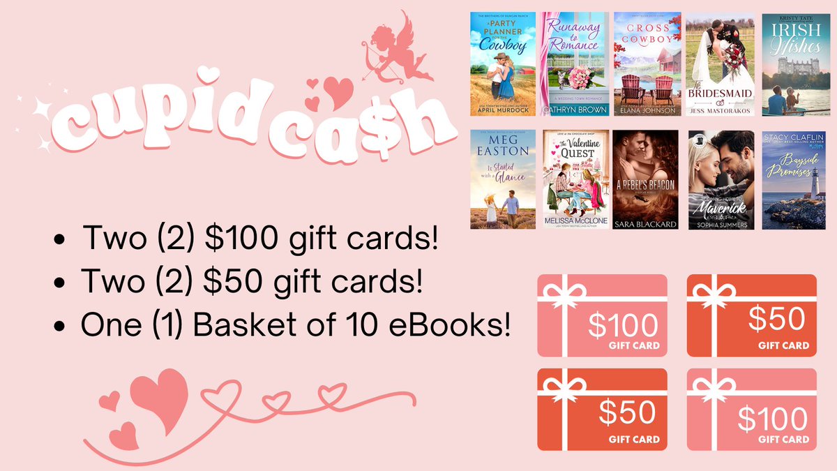 🥰 Enter to win these sweet romances and more! 
>> subscribepage.com/cupidcash 

#romancereads #romancebooks #romancenovels #sweetromancereads #justkisses #amreading #romcoms #readromance #valentinesday #giveaway #enter #win #amreadingromance #cleanromance #love #ebooks #cupid