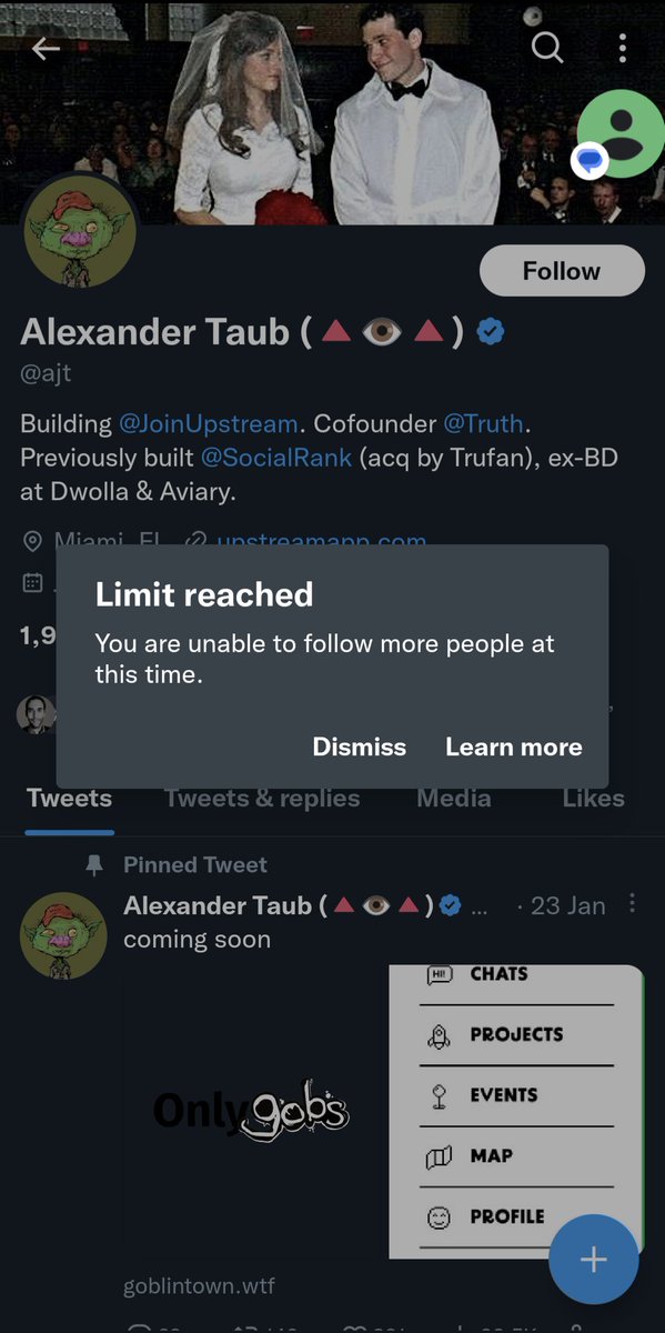 Anyone know why I can't follow anyone new on @Twitter? This is a first. No, I haven't followed anyone else recently. No, my ratios aren't out of whack. No, I haven't violated any rules, ever. See screenshots. "Limit reached. You are unable to follow more people at this time." ???