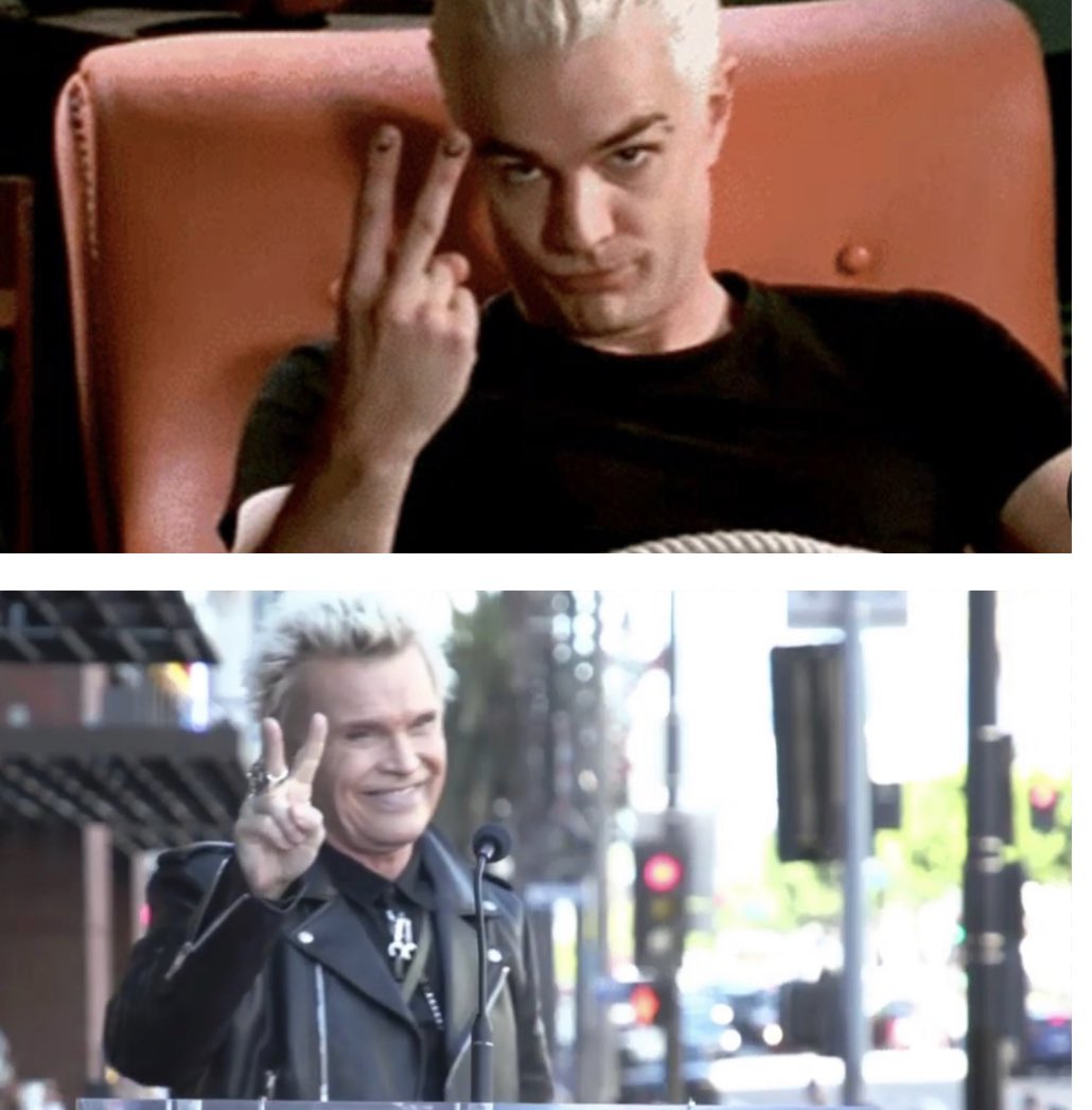 Spike wannabe Billy Idol (he copied Spike’s look) gets his star on the Hollywood Walk of Fame 
Spike 1999
Billy Idol 2023
#buffy #spike #btvs