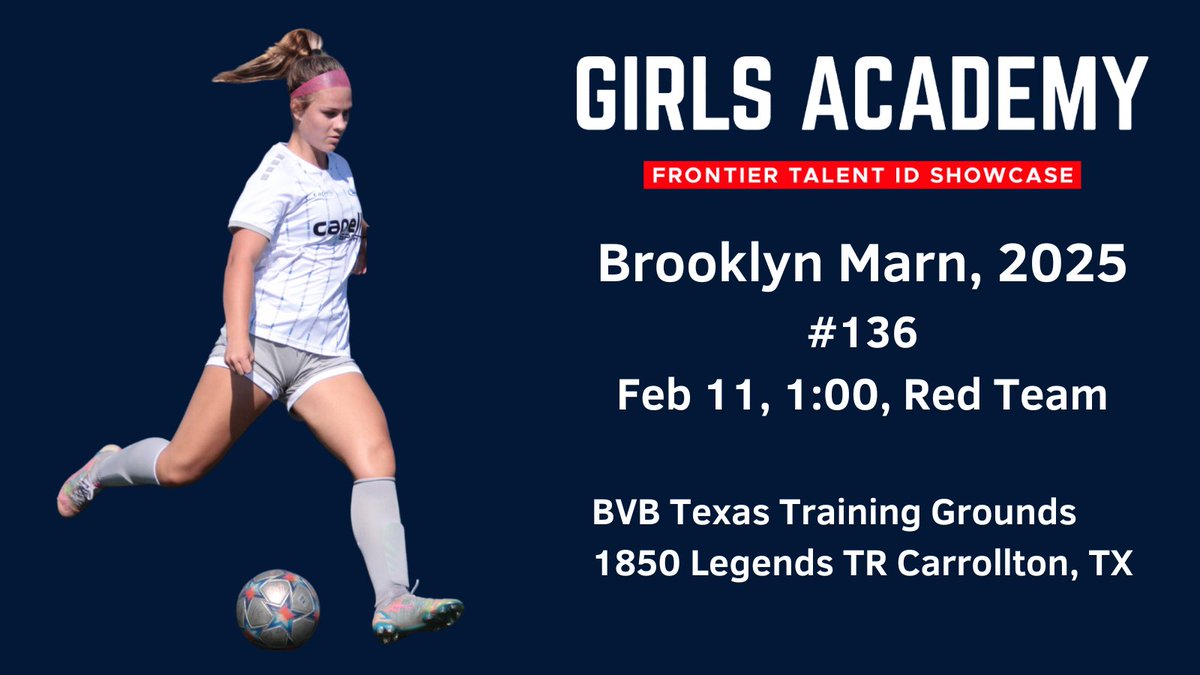 Congrats <a href="/brooklynmarn/">Brooklyn Marn '25</a> on your invitation to the <a href="/GAcademyLeague/">Girls Academy</a> Frontier League #GATalentID  event this weekend!

<a href="/KS_RushSoccer/">Kansas Rush Soccer Club</a>