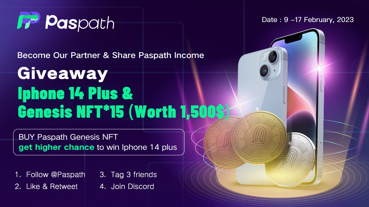 paspath_nft's tweet photo. 🎉Announcing the most valuable #GenesisNFT of 2023

HOLD Genesis,Become our partner &amp; share $

🎁 #GIVEAWAY #iPhone 14 Plus + NFTs x 15
（worth 1500$)
⏰Ends on 17 Feb
1⃣ FOLLOW @paspath_nft 
2⃣ RT &amp; Tag ur friends
3⃣ JOIN DC https://t.co/jcSdk9qyKG

#campaign #nft #NFTCommunity https://t.co/IhG0D0N4wn