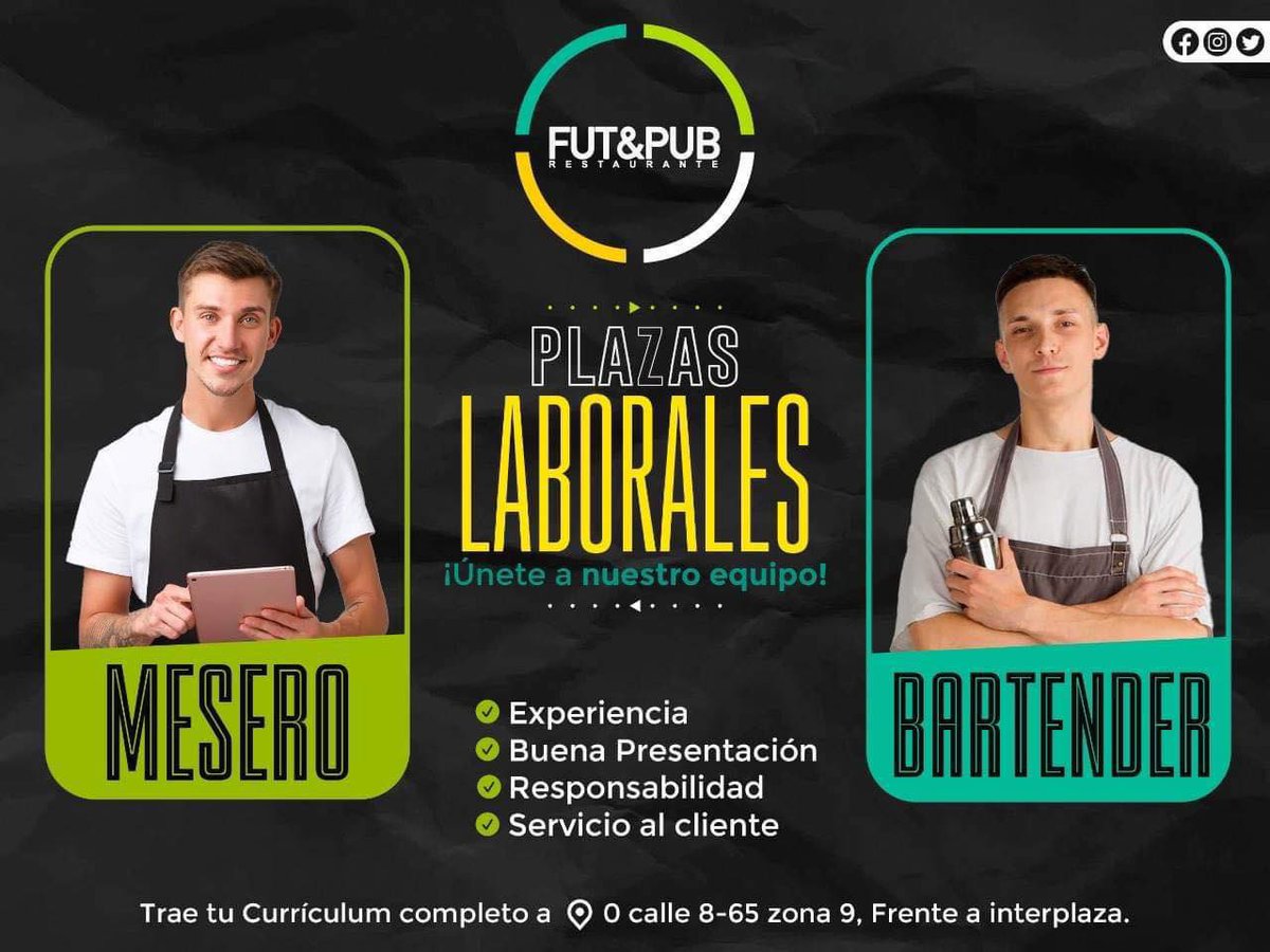 FutandPub's tweet photo. Estamos buscando personal de trabajo (Meseros/a y Bartender).

TRAE TU PAPELERÍA COMPLETA Y EN ORDEN a partir de la 1pm a Fut&amp;Pub restaurante: interior a Boxpark Xela 

Comparte con quien pueda interesarle 😉

#Trabajo #oportunidaddetrabajo #empleos #empleoxela #empleosxela #xela https://t.co/bcBeE0PqjY