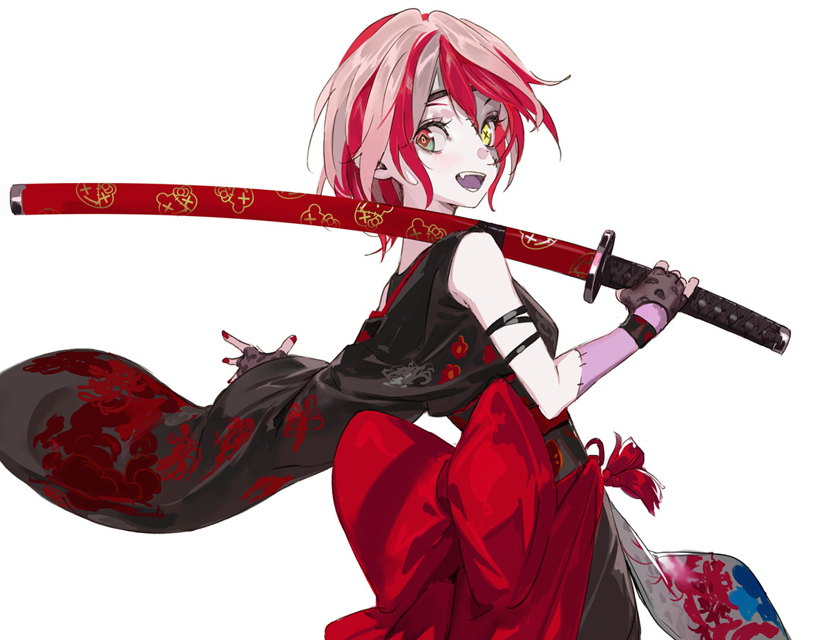 kureiji ollie 1girl weapon sword solo red hair zombie heterochromia  illustration images
