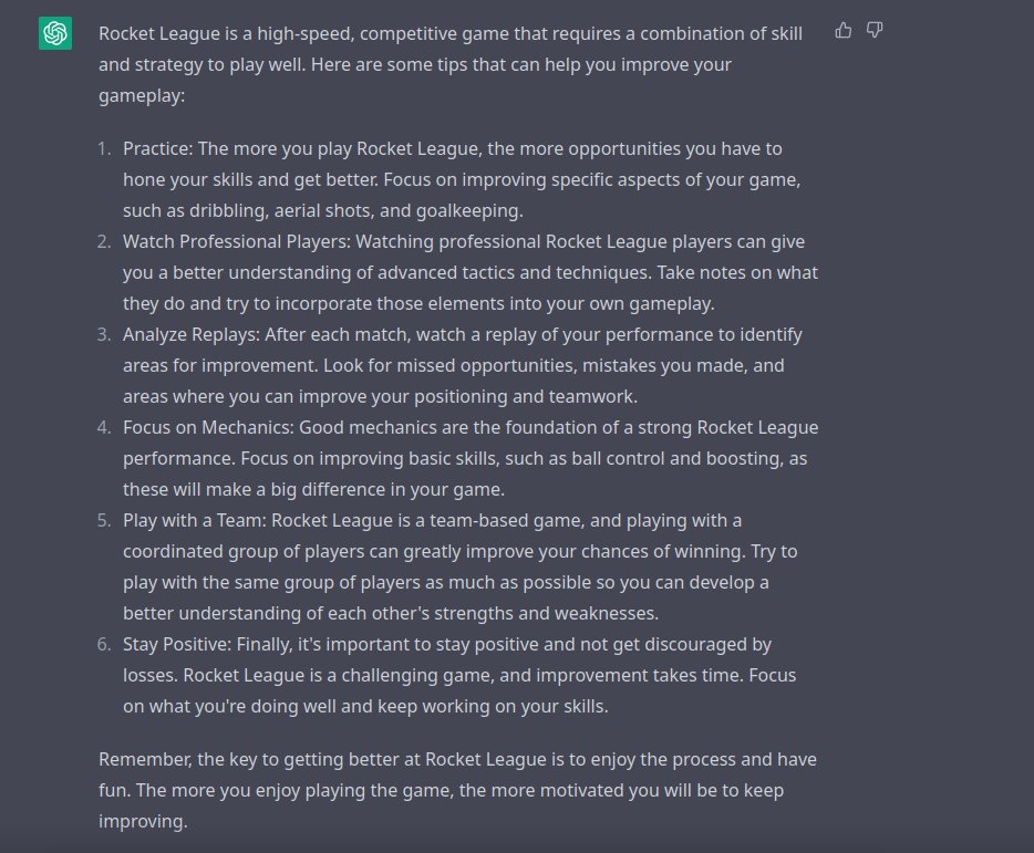 And for Rocket League. ChatGPT recommends this advice.