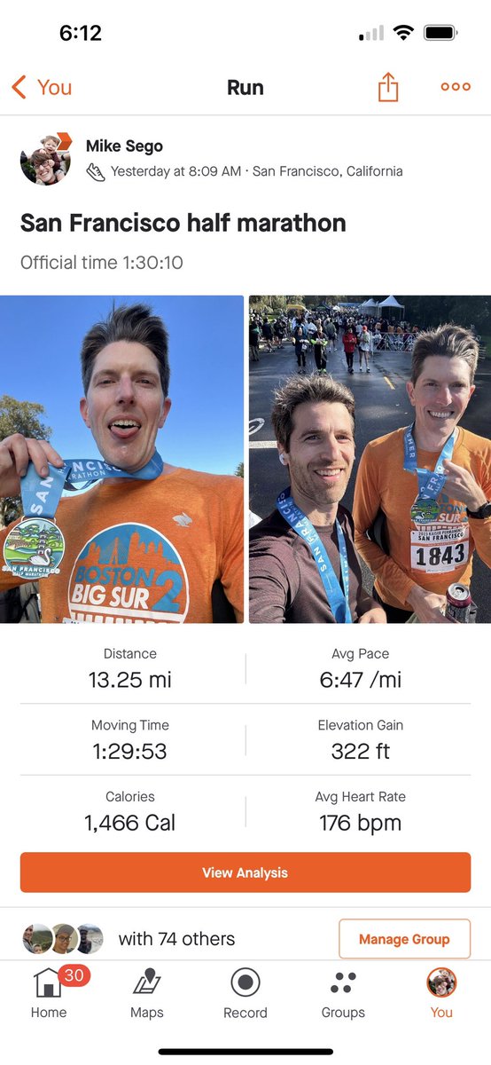 mikesego's tweet photo. I hit a PR at the SF Half Marathon on Sunday - 1:30:10, which is a pace of 6:52/mi for 13.1 miles. All my life I was never athletic and hardly ever exercised. I only started running 3 years ago, and my first Half Marathon was a 9:42/mi pace. I wanted to share some reflections. https://t.co/mFDcqxUgC1