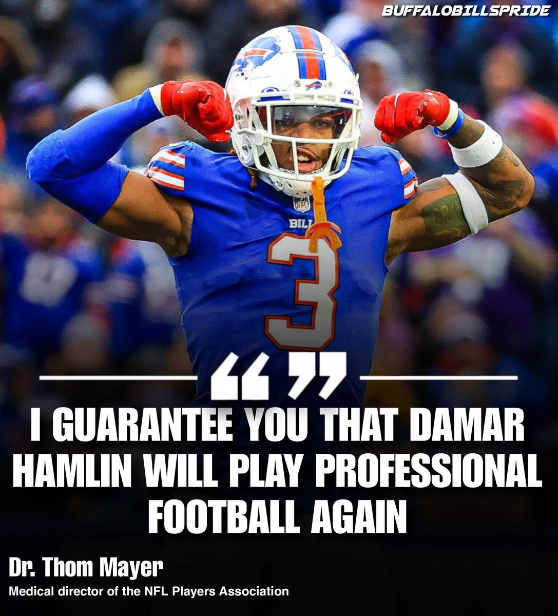 FredKilmartin80's tweet photo. Damar Hamlin will play professional football again! 🫶

Appearing on SiriusXM’s Doctor Radio show Heart to Heart, NFL Players Association Medical Director Thom Mayer made a bold proclamation regarding Bills safety Damar Hamlin.

#PrayersForDamar #BillsMafia #DamarHamlin https://t.co/S0fvF8pc5T