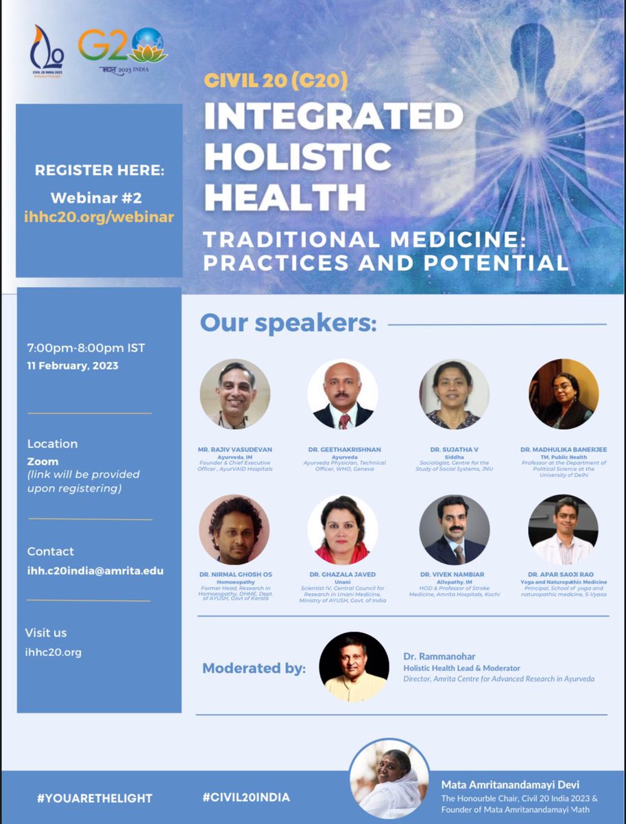 The role of ‘integrated holistic health’ in furthering goals relating to envrnt, sust. devlpt, gender equality, human rights, socio-econ-climate justice. #ayurveda  uniquely spans these diverse themes. Discussion ably led by <a href="/ram_manoharp/">Rammanohar P</a> 

To REGISTER:

lnkd.in/gpR-Ju5P
