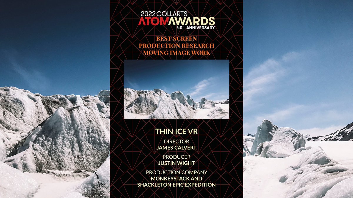 ThinIceVR's tweet photo. Thin Ice VR won @TheATOMAwards Best Screen Production Research Moving Image Work!

This film was produced by a team of experts in their field, including Director James Calvert, Presenter &amp; EP @TimJarvisAM and studio @Monkeystack, to bring Antarctica to audiences across the world. https://t.co/QKRsYU4x1m