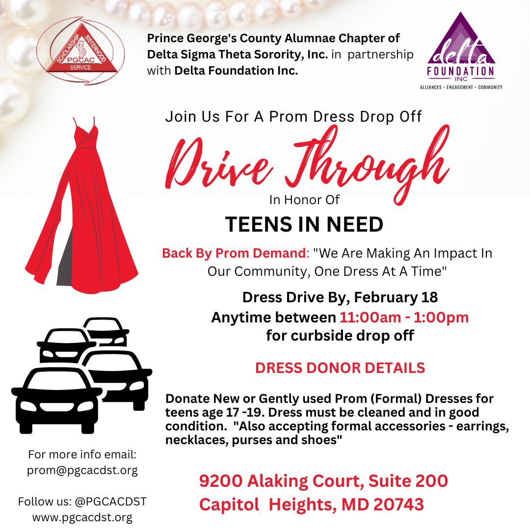 pgcacdst's tweet photo. Do you have a new or gently-used formal dress a teen could wear? We're hosting a dress collection drive-through on 2/18, 11a-1p at 9200 Alaking Court Suite #200 in Capitol Heights. Jewelry, shoes &amp; purses, too!
#PGCACDST #PGCACPromDress #DMV #dmvprom #dmvfashion #dmvstyle https://t.co/kFqCyI485L