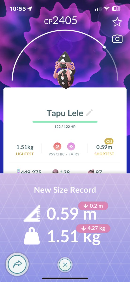 XXS shiny Tapu!! Let’s go. (IVs are atrocious) #Pokemon #PokemonGO #ShinyPokemon #TapuLele