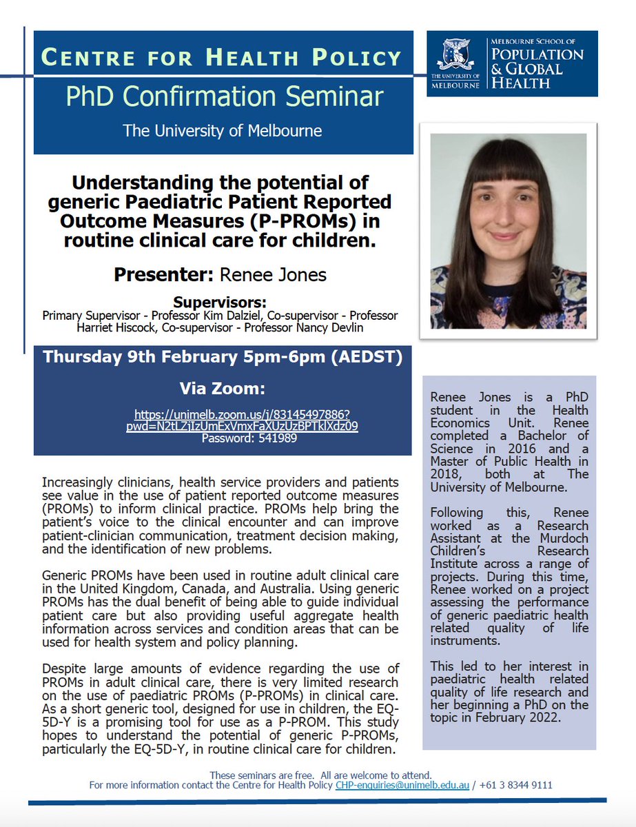 nance devlin (@nancydevlin1) on Twitter photo Today! Our wonderful PhD student <a href="/ReneeJones4567/">Renee Jones</a> is presenting her research on the use of PROMs as part of routine outcomes measurement in pediatric clinical settings. Details for how to join online π <a href="/QUOKKA_Research/">QUOKKA Research Program</a> <a href="/HEU_unimelb/">Melbourne Health Economics</a> <a href="/EuroQol/">EuroQol</a> <a href="/KimCreatif/">Kim Dalziel</a> <a href="/HarrietHiscock/">Harriet Hiscock</a> Today! Our wonderful PhD student <a href="/ReneeJones4567/">Renee Jones</a> is presenting her research on the use of PROMs as part of routine outcomes measurement in pediatric clinical settings. Details for how to join online π <a href="/QUOKKA_Research/">QUOKKA Research Program</a> <a href="/HEU_unimelb/">Melbourne Health Economics</a> <a href="/EuroQol/">EuroQol</a> <a href="/KimCreatif/">Kim Dalziel</a> <a href="/HarrietHiscock/">Harriet Hiscock</a>