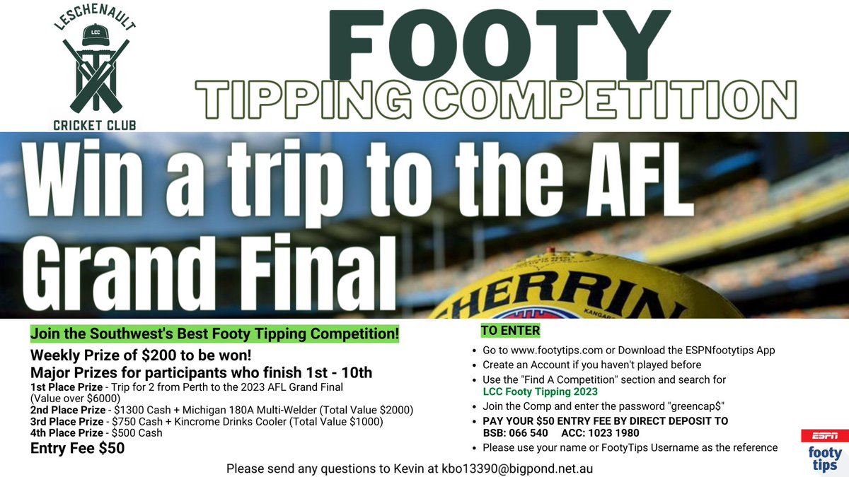 LCCGreenCaps's tweet photo. YES it’s that time of the year again and our Footy Tipping Competition is back for the 9th edition.
All details follow  #GreenCaps https://t.co/8rI9Q4KBnL