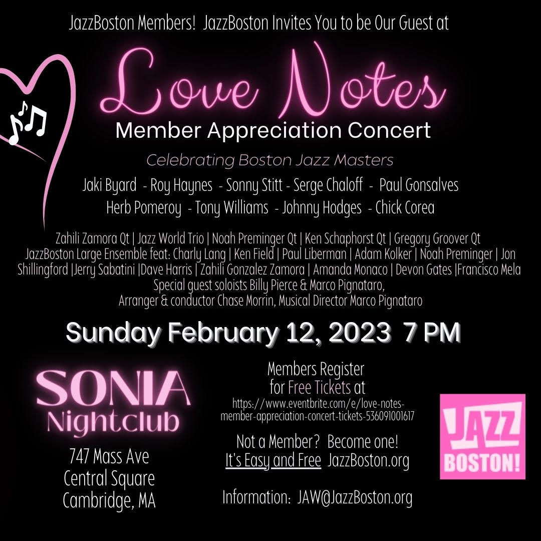 This Sunday (2/12), join us as we celebrate Boston's historical jazz masters at the Sonia Nightclub in Cambridge! . Open to members only! . If you're not a JazzBoston member, you can register for free and become one here: mailchi.mp/jazzboston.org…]