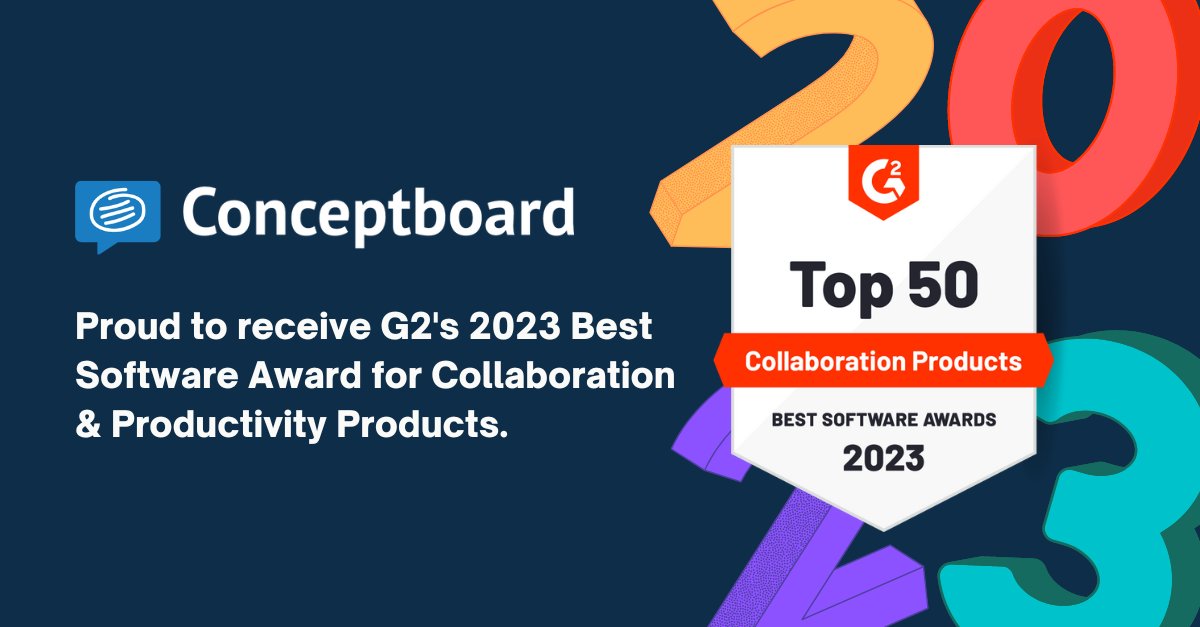 ConceptboardApp's tweet image. Please excuse the noise — we’re having a party today because we just found out we are a @G2dotcom Best Software winner! 🎉 🕺🏼 

We are so honored to be named the top software provider in the Collaboration and Productivity Products category.

#BestSoftware2023