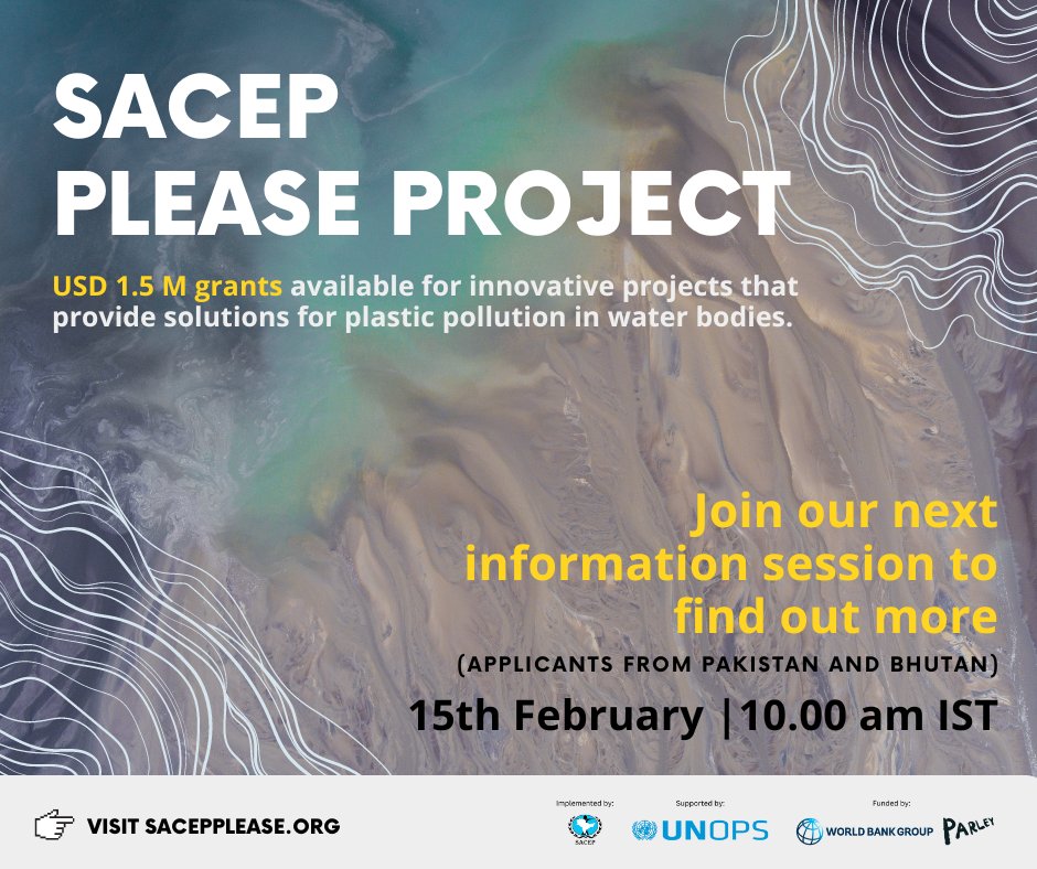 UNOPS_Pakistan's tweet photo. The #PLEASEProject is issuing #grants worth $1.5m for innovative projects working to reduce plastic #pollution in water bodies.
Join the next information session for 🇵🇰 and 🇧🇹 to learn more.
Date: 15th February 2023
Time: 10.00 am IST
Sign up link: https://t.co/sHkl7GpKNg https://t.co/1ajlcrXZ0N