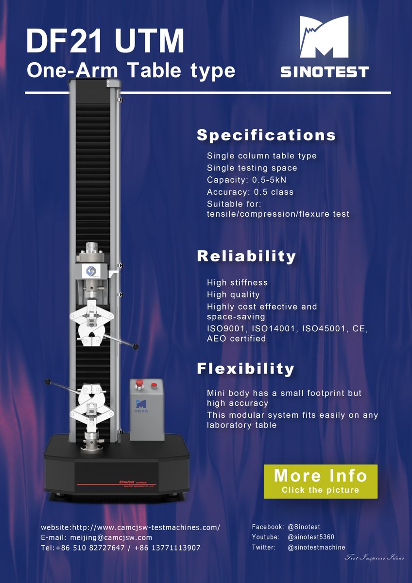 sinotestmachine's tweet photo. Check our #SINOTEST DF21 single-column UTM!
It is so cute and adorable!🤩With small size but high stiffness and accuracy, suitable for any laboratory table! Full details available on: https://t.co/5qMi50pND3
DM us if you are interested!😉
#materialtesting #UTM #Testmachine https://t.co/WIKyGSV800