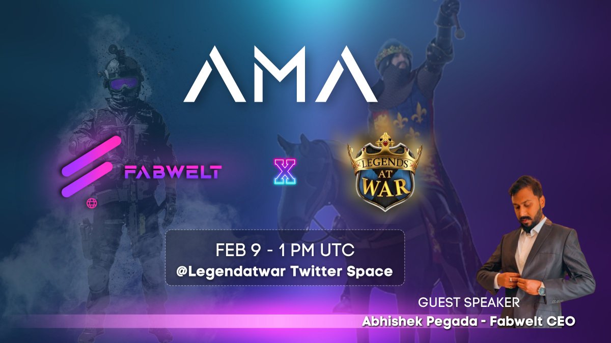 FabweltToken's tweet photo. Two #AMAs 🎙 done, another on the way! ✨️

⚔️ L.A.W - @legendatwar ⚔️ will be hosting an #AMA with @FabweltToken to talk all things about our #partnership and way forward!

🗓 Today, Feb 9
🕐 1 PM UTC
📍 https://t.co/gTdY1iK0Pj

Bring your questions along! See you there! https://t.co/SDYnudYVtq