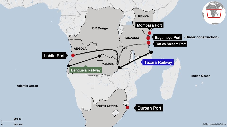 Policymakers and mining executives are carefully studying rail-to-port maps like this from the cobalt & copper belts in southern Africa to develop new logistics routes beyond South Africa due to the impact of load shedding and force majeure shutdowns at the Port of Durban.