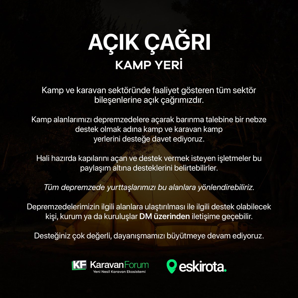 karavanforum's tweet photo. Kamp ve karavan sektöründe faaliyet gösteren tüm sektör bileşenlerine açık çağrımızdır.

#Kahramanmaraş #Adana #Osmaniye #Şanlıurfa #Malatya #Diyarbakır #Adıyaman #Gaziantep #Hatay #Kilis https://t.co/y4uXrhG712