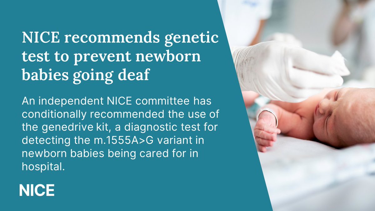NICEComms's tweet photo. A genetic test to establish if a newborn baby is vulnerable to deafness if treated with a commonly used antibiotic has been recommended by NICE in draft guidance.

Learn more: https://t.co/gKhOnyjDvg #NICENews https://t.co/qUDKxhf6zU