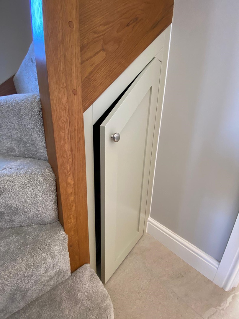 PriestFurniture's tweet photo. An under stairs cupboard built for our existing client in Purleigh to maximise storage with soft close doors & finished in Harbour Grey paint. Do you have unutilised space under your stairs? Ask about our bespoke #storagesolutions https://t.co/tMGbIRtR84 #understairsstorage https://t.co/T0jklfiCmL