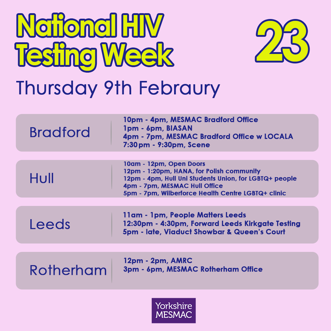 Take a look at where we will be today for #HIVTestingWeek 2023! Find us across Yorkshire and #KnowYourStatus. We'll be offering free, fast, and confidential HIV and STI screenings.
#GetTested #ITest #EndTheStigma