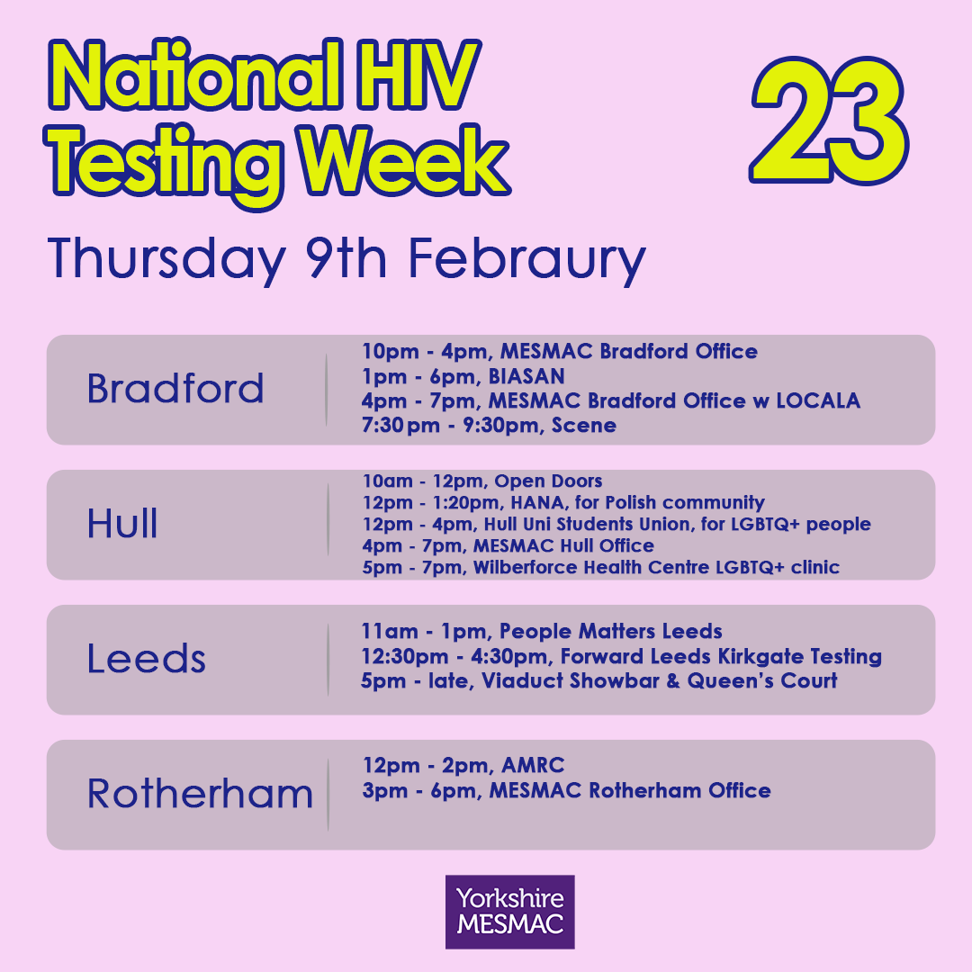 Take a look at where we will be today for #HIVTestingWeek 2023! Find us across Yorkshire and #KnowYourStatus. We'll be offering free, fast, and confidential HIV and STI screenings. #GetTested #ITest #EndTheStigma