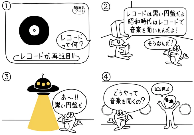 172シュールな黒い円盤 #漫画が読めるハッシュタグ #絵描きさんと繋がりたい #みんなで楽しむTwitter展覧会 #4コマ漫画 #UFO #レコード #宇宙人