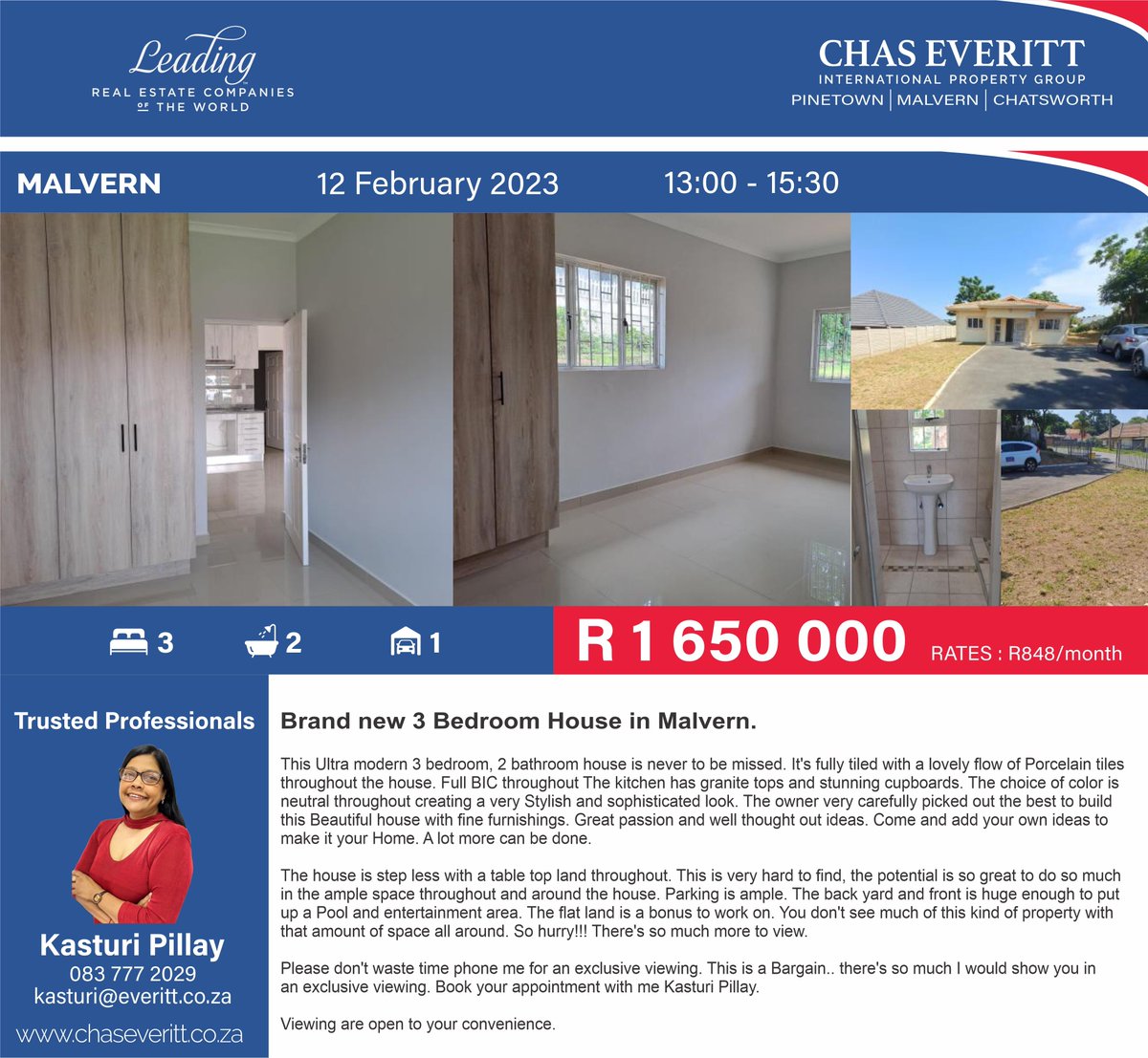 ChasPinetown's tweet photo. Join Kasturi Pillay at her exciting show house this Sunday. ✨🙌
You don't want to miss it!!
👇💁‍♀️👇
👉: Malvern
⌚️️: 13:00 - 15:30
📅: 12 February 2023 (Sunday)

Contact Kasturi Pillay for more info.
📞: 083 777 2029/031 701 2150
💻: kasturi@everitt.co.za
📍: Chas Everitt PMC https://t.co/fQP720tZof