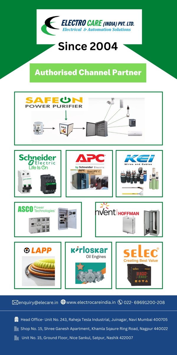 We are expanding our product basket with new range of Products..... 
To know more about our product and services, 
Reach us electrocareindia.in

#channelpartners #SchneiderElectric  #AuthorizedDistributor #Kirloskar #Cables 
#nVent #electricaldistributor #electricalequipment