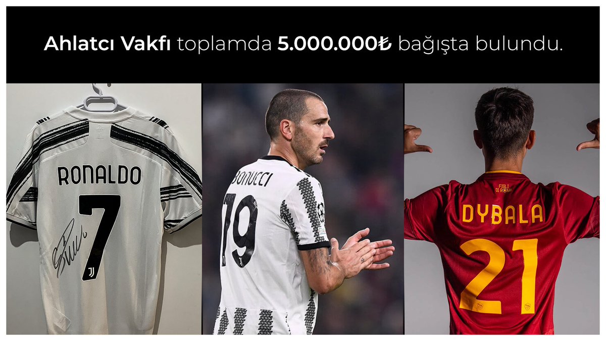 Başlattığımız açık artırmada 3 forma sahiplerini buldu! 

<a href="/AhlatciHolding/">Ahlatcı Holding</a> satışa çıkan Ronaldo, Bonucci ve Dybala formalarını toplam 5 Milyon TL'ye satın aldı 🙏🏼 

Satıştan elde edilen gelirin tamamı deprem bölgesinde kullanılmak üzere <a href="/ahbap/">Ahbap</a> Derneği'nin hesabına yatırıldı.
