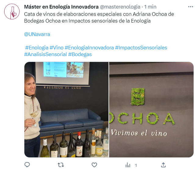 ViticulturaUpna's tweet photo. Es increíble la cantidad de actividades e interacciones que incluyen las asignaturas de nuestro Master en Enología Innovadora
@masterenologia 
👉 Adriana Ochoa @bodegasochoa
👉 Xabier Kamio  @az3oeno 
👉 Ana Villa @vitisnavarra 
👉 Julián y Bárbara @ViticulturaViva 
 (sigue!) https://t.co/ICf0HDHc9i