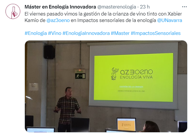 ViticulturaUpna's tweet photo. Es increíble la cantidad de actividades e interacciones que incluyen las asignaturas de nuestro Master en Enología Innovadora
@masterenologia 
👉 Adriana Ochoa @bodegasochoa
👉 Xabier Kamio  @az3oeno 
👉 Ana Villa @vitisnavarra 
👉 Julián y Bárbara @ViticulturaViva 
 (sigue!) https://t.co/ICf0HDHc9i
