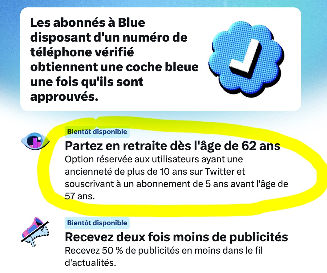 EchodelaBoucle's tweet image. URGENT 🔴Les abonnés français à #TwitterBlue pourront partir en retraite dès l'âge de 62 ans (sous conditions)