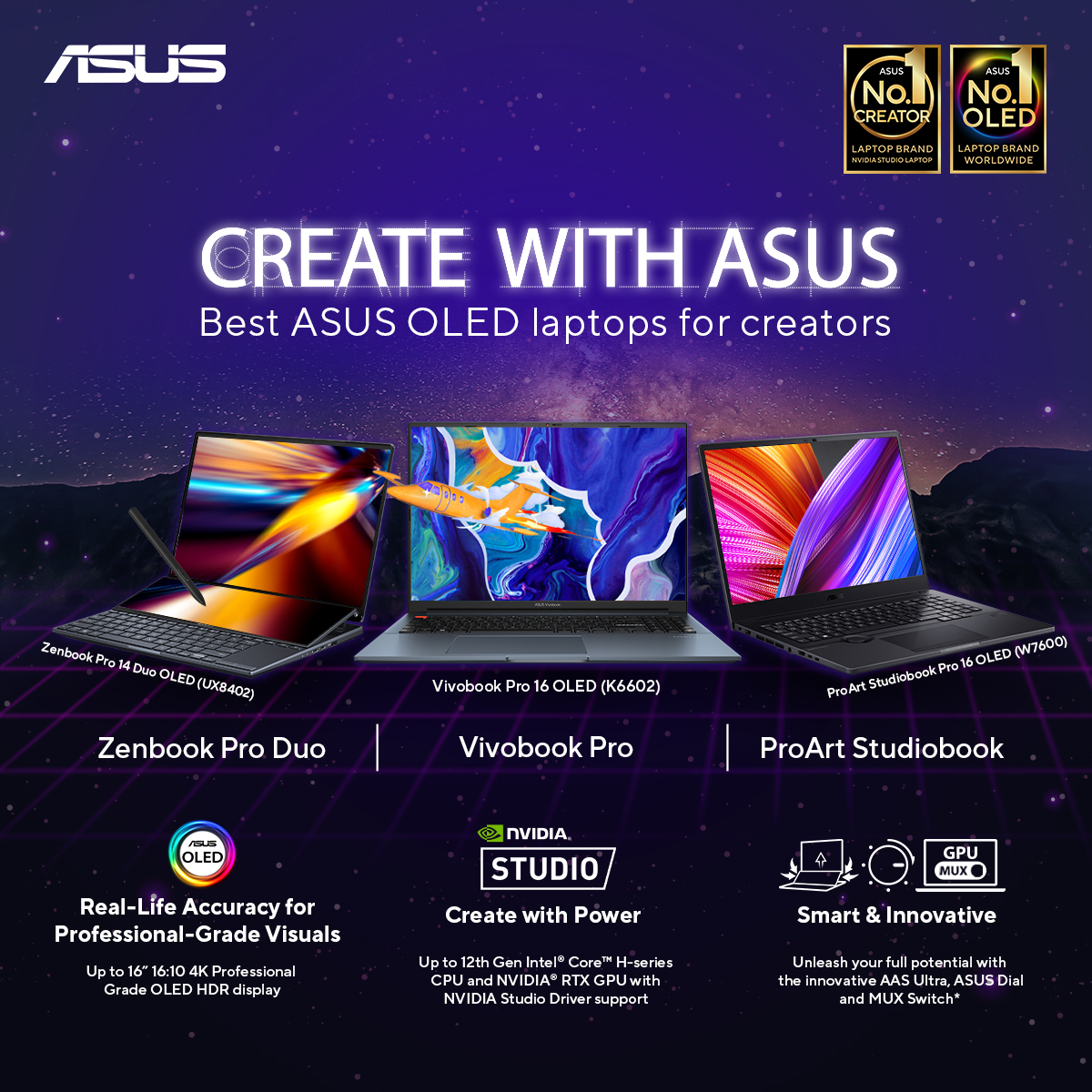 ASUSph's tweet image. #ASUSOLEDatGraphikaManila2023​ | Introducing the newest powerhouse of next-generation creator laptops, ASUS Vivobook Pro 16 OLED (K6602) with the other best OLED laptops, Zenbook Pro 14 Duo OLED (UX8402) and ProArt Studiobook Pro 16 OLED (W7600)
 ph.asus.click/CreatewithASUS