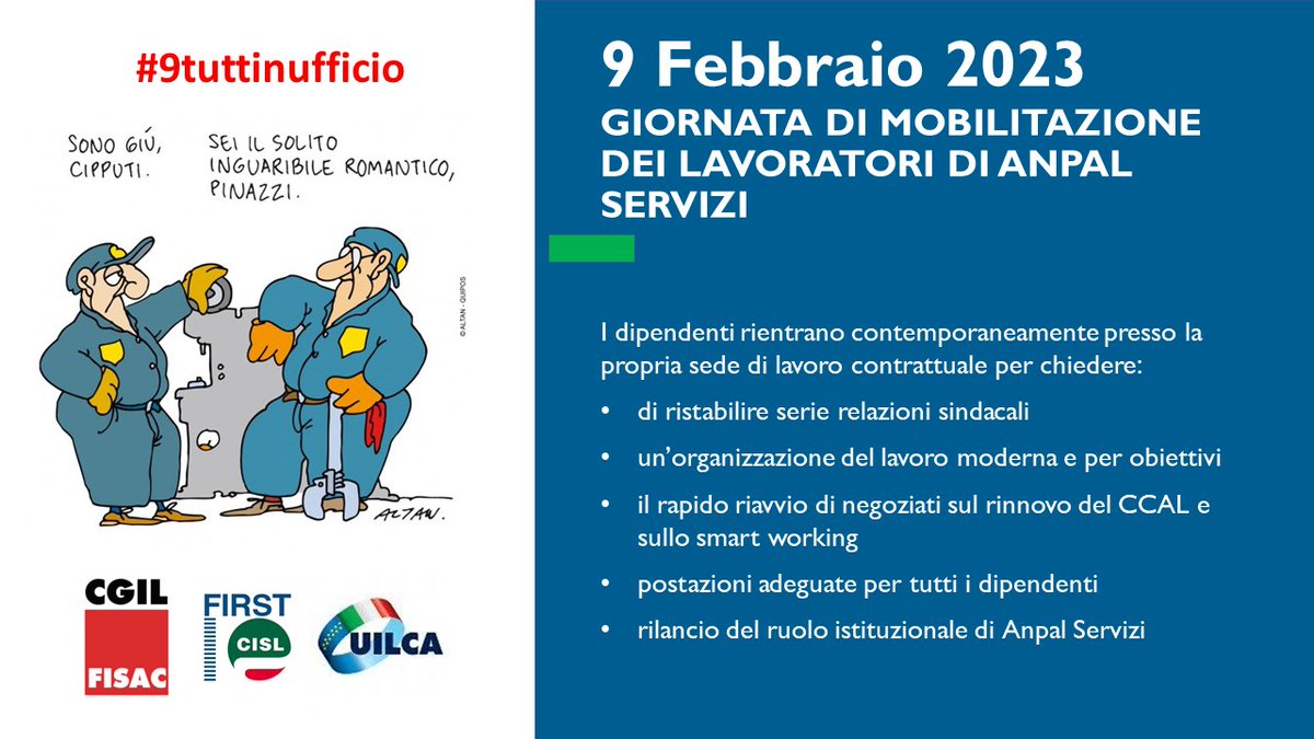 FisacASMarche's tweet photo. Mobilitazione dei lavoratori di #AnpalServizi
X ristabilire civili relazioni sindacali
X il rinnovo del contratto collettivo 
X un accordo serio sul lavoro agile
X garantire postazioni per tutt* i dipendenti
X una moderna organizzazione del lavoro
Il #9tuttinufficio https://t.co/2NFcNHSbOk