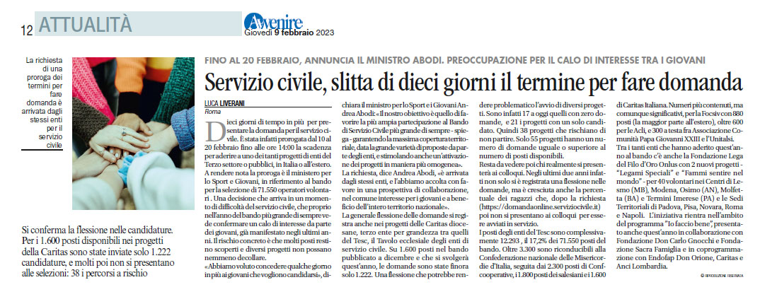 Il <a href="/pcm_giovani_scu/">Dipartimento Politiche Giovanili e Servizio Civile</a> ha prorogato al #20febbraio i termini per la candidatura al bando volontari di #serviziocivile (info qui: bit.ly/3ldIJ9M), ma rimane l'allarme degli enti per le poche candidature. Ne parla <a href="/Avvenire_Nei/">𝐀𝐯𝐯𝐞𝐧𝐢𝐫𝐞</a>  oggi in un articolo. <a href="/andreaabodi/">Andrea Abodi</a> <a href="/cnesc_scu/">CNESC</a>